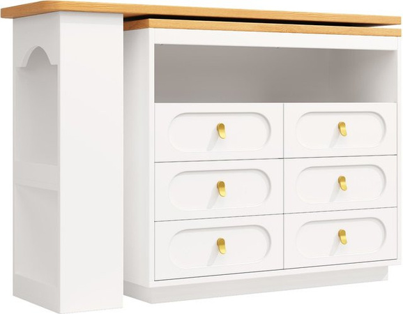 Ausziehbarer Bartisch FC in Weiß mit 360-Grad-Drehfunktion, 6 Schubladen und seitlichem Snack-Regal, B/T/H: 137-203 x 39 x 90 cm