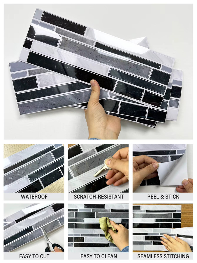 12 Stück selbstklebende Küchenfliesen Aufkleber im klassischen Marmor-Design, wasserdicht und ölbeständig, Farbe: Weiß - Bild 3