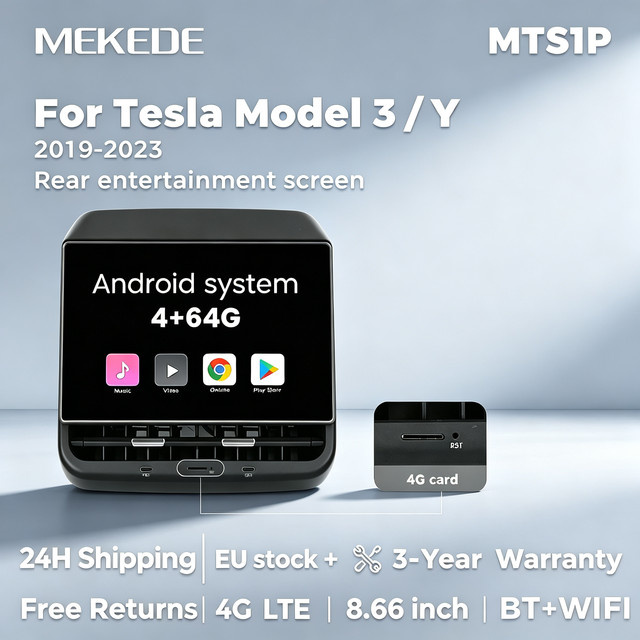MEKEDE Android 13 Unterhaltungsbildschirm für Tesla Model 3 und Model Y (2019-2023), 8,66 Zoll IPS-Display, 4G LTE, WIFI, Bluetooth, 4G+64G, Schwarz - Bild 1
