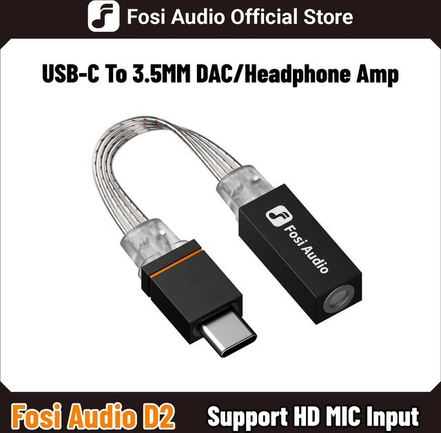 Fosi Audio D2 USB DAC Kopfhörerverstärker in Schwarz mit CX31993 Chip und USB-C auf 3,5 mm Adapter inklusive MIC-Eingang - Bild 1