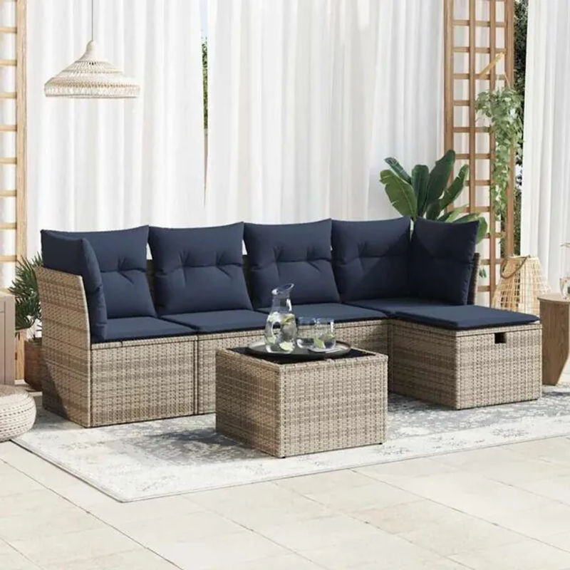 6-teilige Garten-Sofagarnitur in L-Form aus Poly-Rattan und Metall in Grau mit Kissen und Fußhocker von vidaxl - Bild 1
