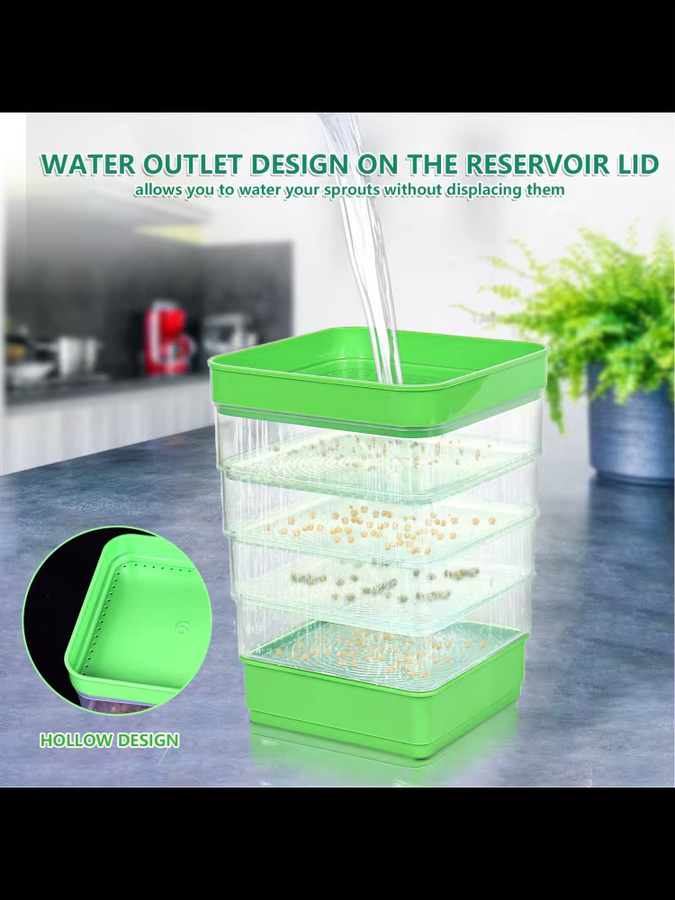 Qiilu Stapelbares Sprouter-Set in Grün für den Anbau von Sojasprossen und Microgreens, 4-stufig, B/T/H: 22,9 x 16,0 x 13,0 cm - Bild 3