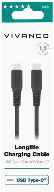 Vivanco LongLife USB Type-C Daten- und Ladekabel, Schwarz, 1,5 m - Bild 1