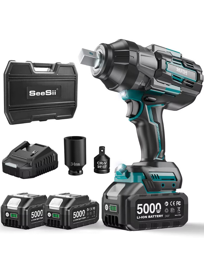 SEESII Akku-Schlagschrauber-Set 3/4 Zoll in Schwarz mit 2x 5,0Ah Akkus und LED-Licht für schwere Arbeiten - Bild 5