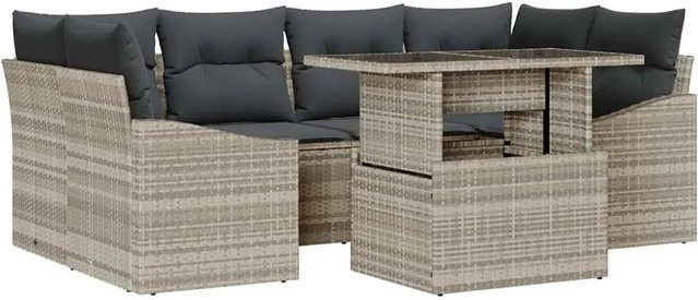vidaXL 7-teiliges Garten-Sofa-Set aus Poly Rattan in Hellgrau mit Kissen und Tisch - Bild 1