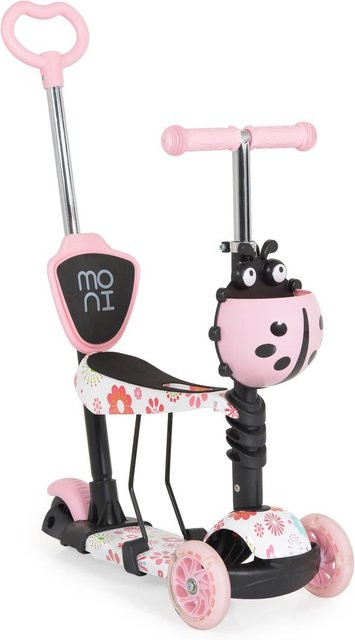 Moni Kinderroller Lollipop 3 in 1 Schiebestange und Sitz mit LED-PU-Vorderrädern in Rosa - Bild 1