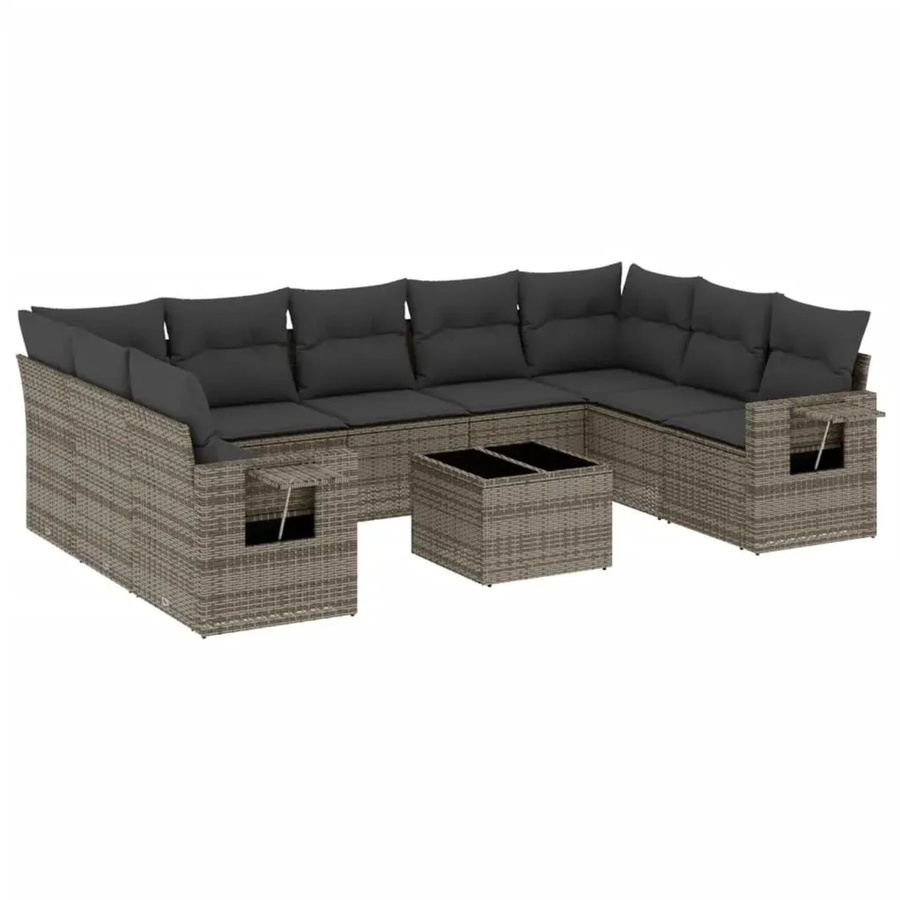 vidaXL 10-tlg. Garten-Sofagarnitur in L-Form aus Poly-Rattan und pulverbeschichtetem Stahl mit Kissen in Grau - Bild 2