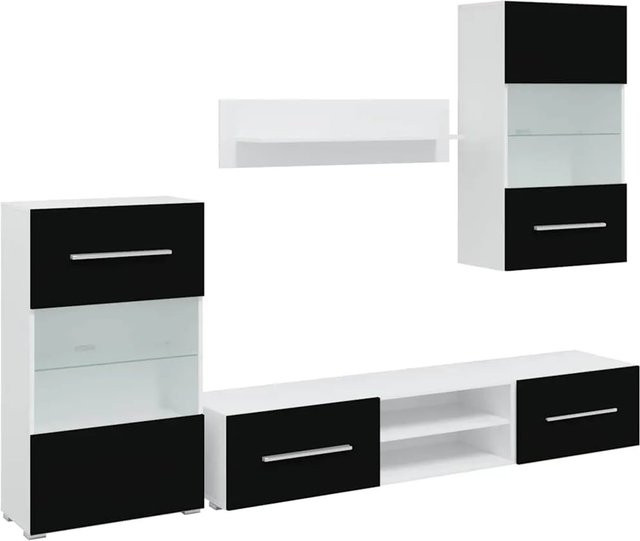 vidaXL Fünfteilige Wohnwand mit LED-Beleuchtung in Schwarz, moderner TV-Schrank aus Holzwerkstoff mit Glaselementen und Regalen, B/T/H: 240 x 40 x 195 cm - Bild 1