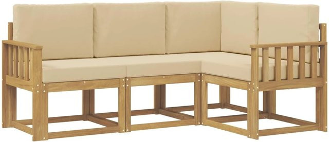 vidaXL Outdoor-Sofagarnitur in L-Form aus Akazienholz mit Kissen, Weiß und Beige - Bild 1