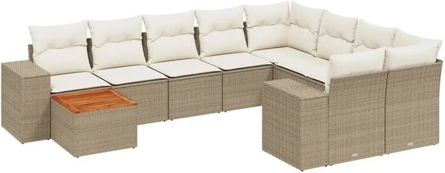vidaXL 10-tlg. Garten-Sofagarnitur in L-Form aus Polyrattan und Akazienholz mit Kissen in Beige und Cremeweiß - Bild 1