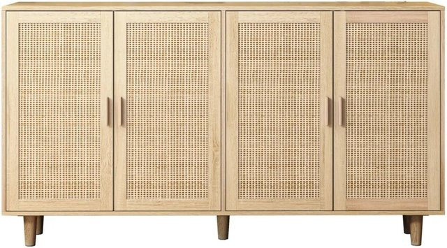 PXloue Sideboard Rattan Aufbewahrungskommode mit Türen in Natur Beige, B/T/H: 158 x 40 x 88 cm - Bild 1