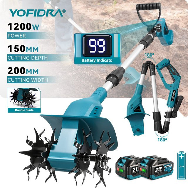 YOFIDRA Elektrische Gartenfräse in Blau, kabelloser Bodenlockerer für Makita 21V Akku - Bild 1