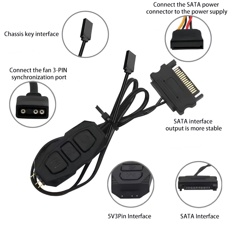 AuyiHomu ARGB LED-Steuerbox mit SATA-Stromversorgung und M/S/C-Tasten für PC, Schwarz - Bild 3