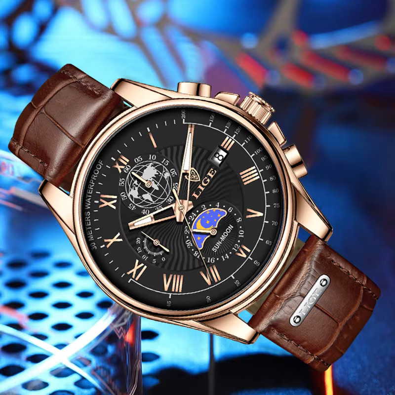 LIGE Chronograph Herrenuhr, Quarz, Leder, Wasserdicht - Bild 2