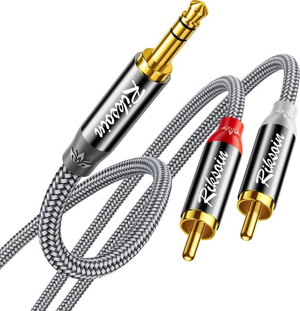 Riksoin Audiokabel 3,5 mm Klinke auf 2 RCA, Hi-Fi Stereo Y-Kabel, vergoldet, grau, nylon-geflochten - Bild 1