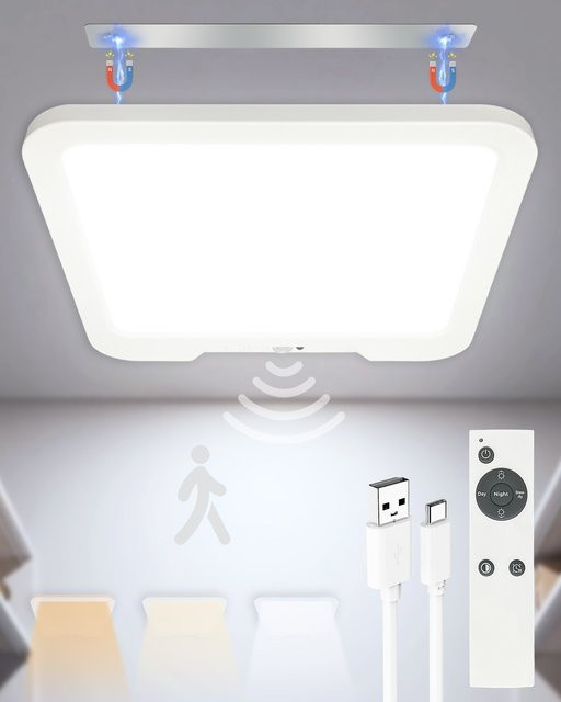 Wiederaufladbare LED Deckenleuchte in Weiß mit Bewegungsmelder, Fernbedienung und Timer, dimmbar mit 3 Farbmodi und USB-Anschluss für die Unterputzmontage - Bild 1
