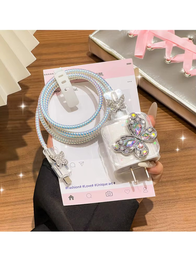 Bunte Schmetterling Schutzhülle für iPhone 20W Schnellladegerät mit USB-C Kabel-Organizer zur Vermeidung von Kabelbrüchen, Multicolour - Bild 3
