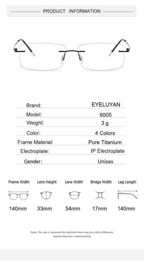 EYELUYAN Korrektionsbrille, randlos, rechteckig, Titan, silber, Unisex - Bild 2