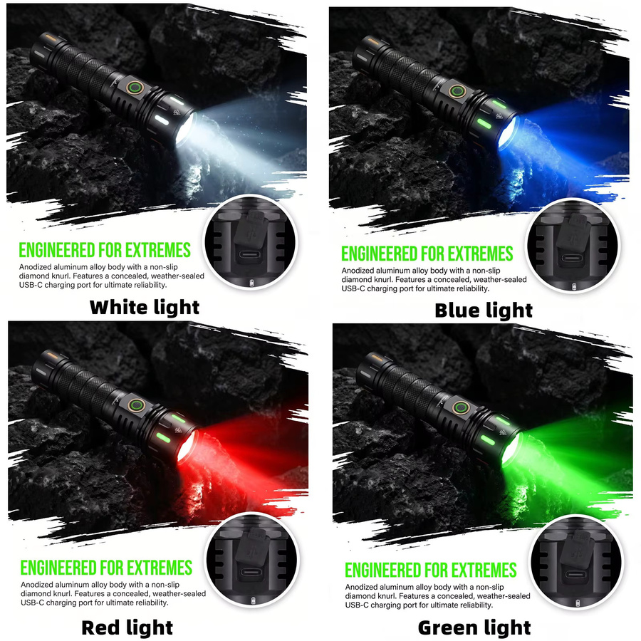 Alonefire Zoom RGB LED-Taschenlampe mit Blau, Grün und Rot, USB wiederaufladbar, Schwarz - Bild 5