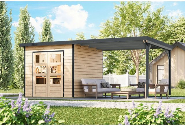 Karibu Gartenhaus Domingo 3 A mit Verlängerung in Natur-Anthrazit - Bild 1