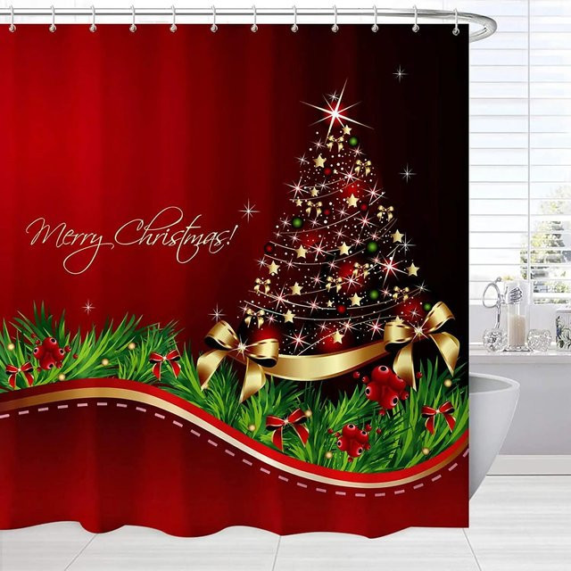 Roter Weihnachts-Duschvorhang mit Weihnachtsbaum-Druck und Haken, B/H: 90 x 180 cm - Bild 1