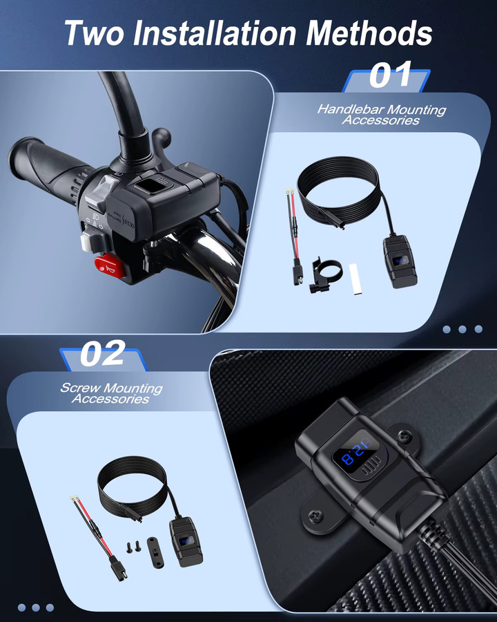 Motorrad-Ladegerät mit Doppel-USB-Anschluss und Schnellladefunktion für Telefon, GPS und elektronische Geräte in Schwarz - Bild 4