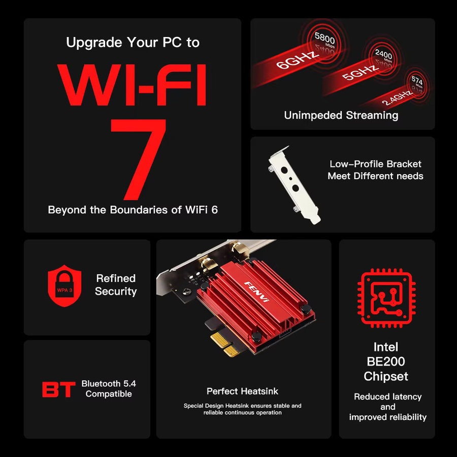 Fenvi WiFi 7 BE200 PCIe WLAN Adapter mit Bluetooth 4.0, Tri-Band 2,4 GHz/5 GHz/6 GHz, drahtloser Netzwerkadapter für Windows 10/11 - Bild 2