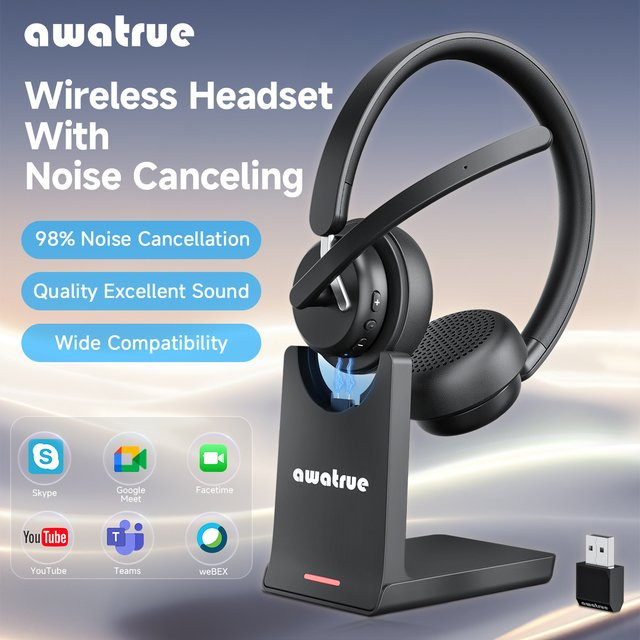 Awatrue Kabelloses Bluetooth-Headset mit KI-Geräuschunterdrückung, Ladestation und USB-Dongle 2,4GHz in Schwarz oder Pink - Bild 1