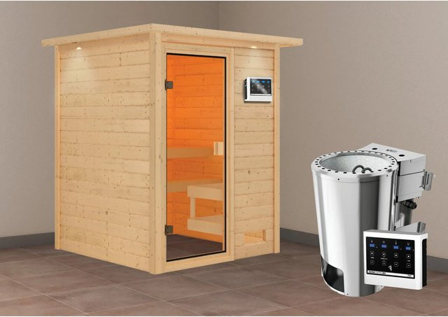 Karibu Massivholzsauna Sandra aus Fichte mit BioKombiofen 3,6 kW und LED-Dachkranz in Natur - Bild 1