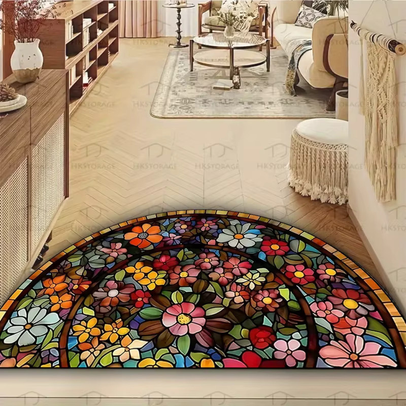 VIKAMA Halbkreis-Fußmatte Amerikanische Vintage Blumen Rutschfest für Innen und Außen, Mehrfarbig, B/T: 60 x 40 cm - Bild 3