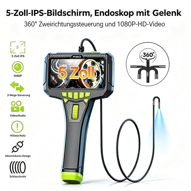 CAKI Industrieendoskop mit 5,0-Zoll-IPS-Bildschirm, HD 1080P Inspektionskamera mit 360° Zwei-Wege-Gelenk, IP67 wasserdicht, halbstarres Kabel und LED-Licht in Schwarz - Bild 1