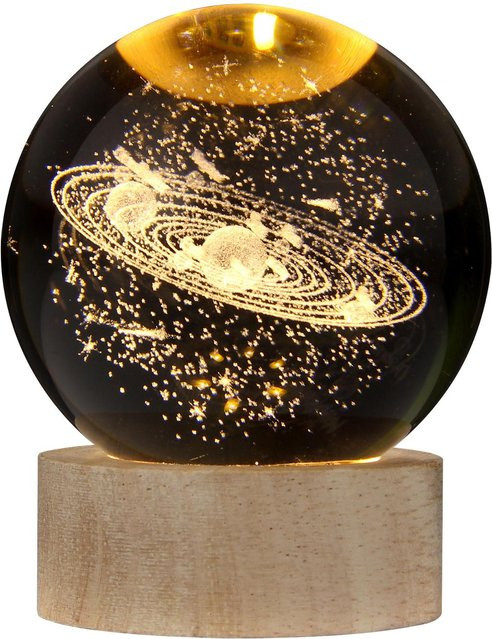 Elestagequipment 3D Kristallkugel Ringed Solar System mit Warmlicht LED und Holzsockel, Durchmesser: 8 cm, Transparent/Braun - Bild 1