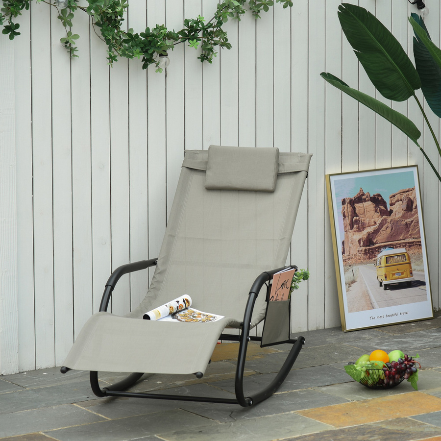Outsunny Schaukelstuhl Schwingsessel Gartenliege mit verstellbarer Kopfstütze und Armlehnen, Metall und Mesh, Schwarz Hellgrau, B/T/H: 150 x 62 x 88 cm - Bild 2