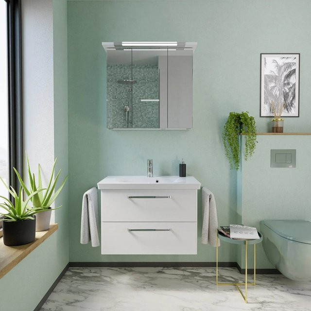 Pelipal Badmöbel-Set Trentino 3-tlg. in Weiß mit Waschtisch aus Mineralmarmor, Waschtischunterschrank und Spiegelschrank mit LED-Beleuchtung - Bild 1