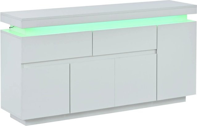 okwish Sideboard mit LED-Türen und Schubladen für dein Wohnzimmer, Weiß, B/T/H: 140 x 35 x 72,5 cm - Bild 1