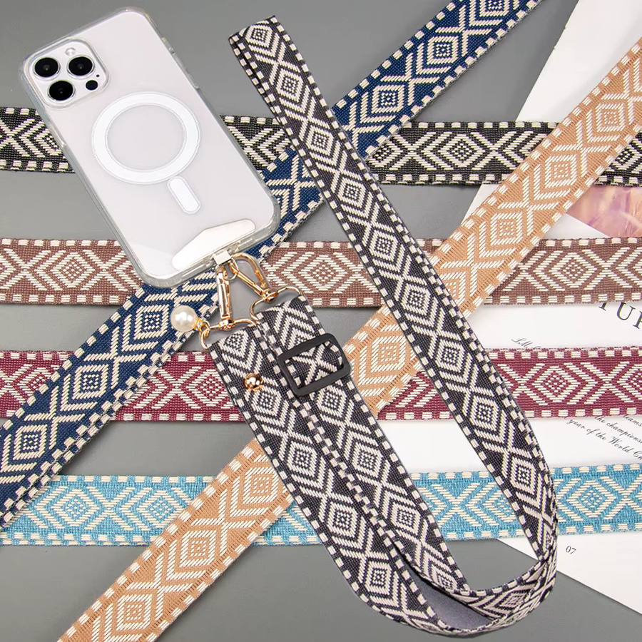 SZBRYTMAX Handy-Umhängeband mit Gittermuster und Perlenanhänger in Braun und Multicolour für Handyhüllen - Bild 2