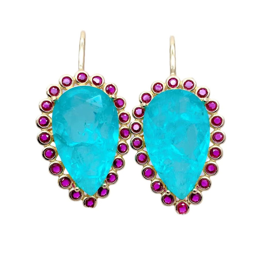 YYGEM Ohrringe, Blauer Quarz, Fuchsia Zirkonia, Tropfen, Gold, Unisex - Bild 3