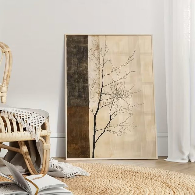HQYSZZ Abstrakte Leinwand Wanddekoration in Beige mit botanischem Zweig-Motiv im modernen Skandinavischen Stil - Bild 1