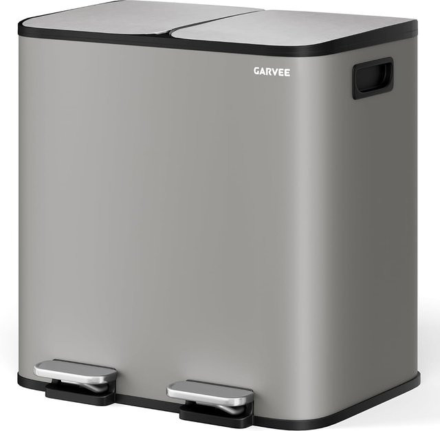 Mülleimer Küche mit 2 Fächern und Softclose-Deckel, Mülltrennsystem aus Edelstahl in Silber/Grau, 2 x 15 Liter, Tretmülleimer mit herausnehmbaren Inneneimern - Bild 1