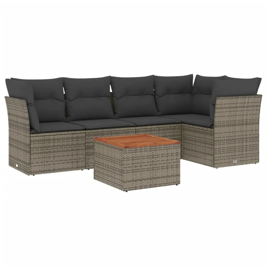 vidaXL 6-teilige Garten-Sofagarnitur in L-Form aus grauem Poly-Rattan mit Kissen und Tisch - Bild 2