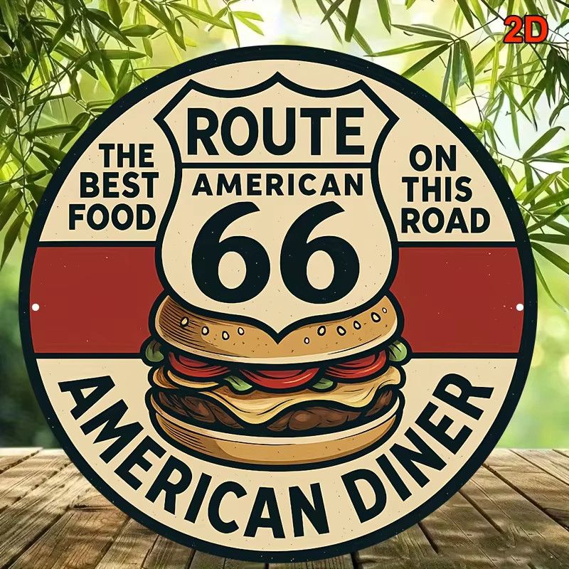 Potdemiel Vintage Route 66 Aluminiumschild mit Hamburger Design, rund, Durchmesser: 20,32 cm - Bild 3