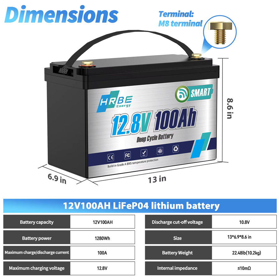 HRBEEnergy 12V 100Ah Smart Bluetooth LiFePO4 Batterie, 12,8V Lithium-Eisenphosphat-Batterie mit 100A BMS in Schwarz für Marine, Off-Grid, Trolling-Motor, Wohnmobil und Solar - Bild 8