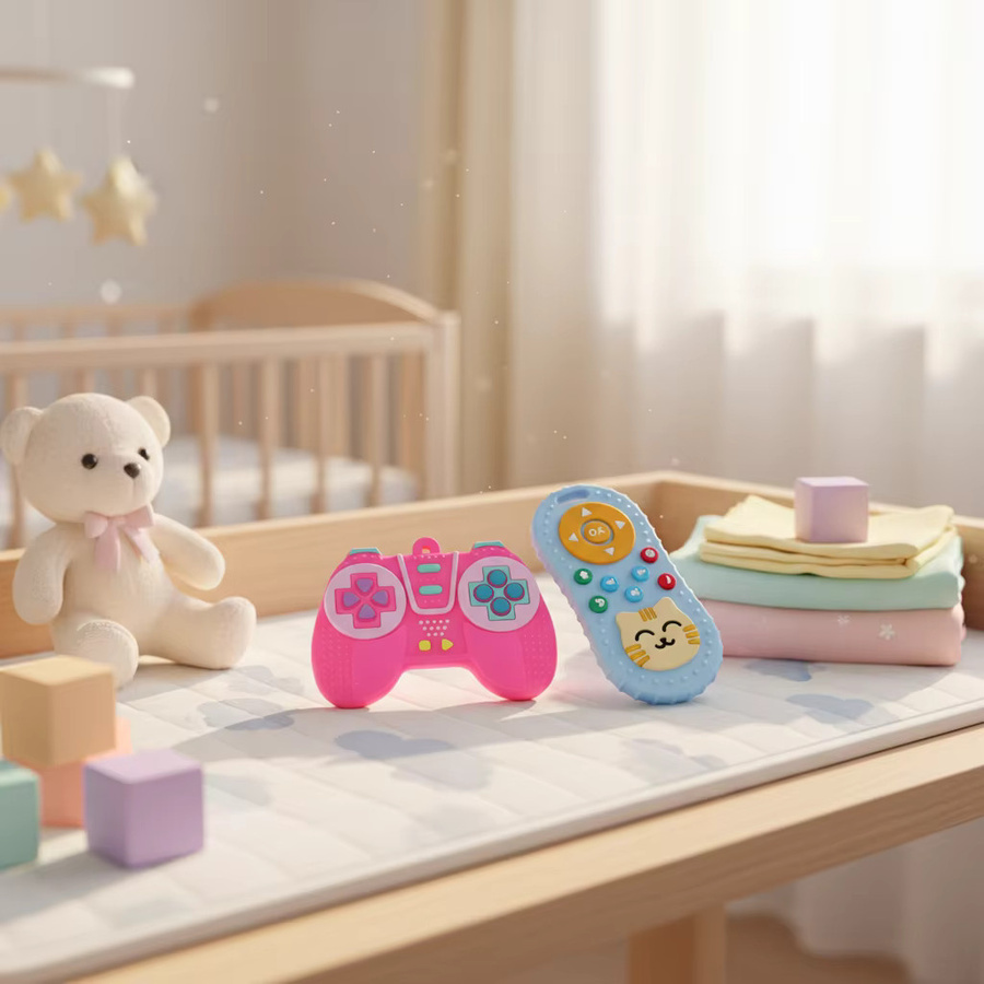 2er-Pack Realistische Knopf-Beißringe aus Silikon für Babys ab 0 Jahren, Sensorisches Beißspielzeug zur Linderung von Zahnfleischbeschwerden, Farben: Rosa, Blau und Bunt - Bild 2