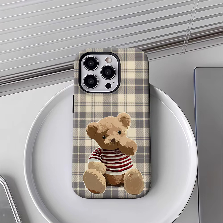 Karierte Teddybär-Handyhülle für iPhone in Multicolour mit doppellagiger Rückseite - Bild 3