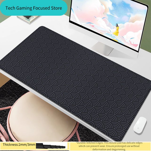 Monochrome Seigaiha Wave XXL Gaming-Mausunterlage mit genähten Kanten in Multicolour - Bild 1
