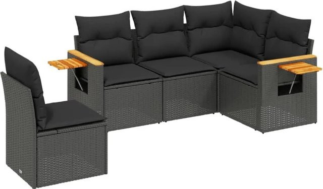 vidaXL 5-tlg. Garten-Sofagarnitur in L-Form aus Poly-Rattan und Akazienholz in Schwarz mit Kissen und Armlehnen - Bild 1
