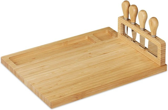 Relaxdays Käsebrett aus Bambus mit Edelstahl-Besteck in Natur Braun, B/T/H: 35,5 x 28 x 14 cm - Bild 1