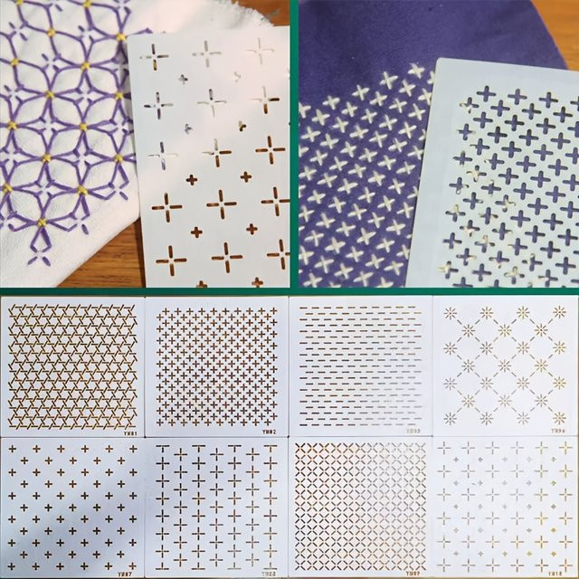 8er Set Sashiko-Schablonen aus transparentem PET mit traditionellen Mustern für Stickerei und Quilt-Vorlagen - Bild 1