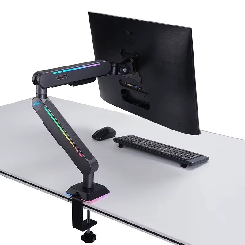 XMSJ Mechanischer Monitorarm für 17-32 Zoll mit RGB Gaming-Beleuchtung und VESA-Halterung, Schwarz - Bild 3