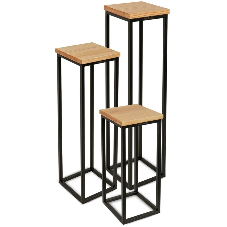 DELUKE Blumenständer LURI 3er Set aus Eichenholz und Metall in Schwarz und Eiche Braun im Loft- und Industriestil - Bild 2